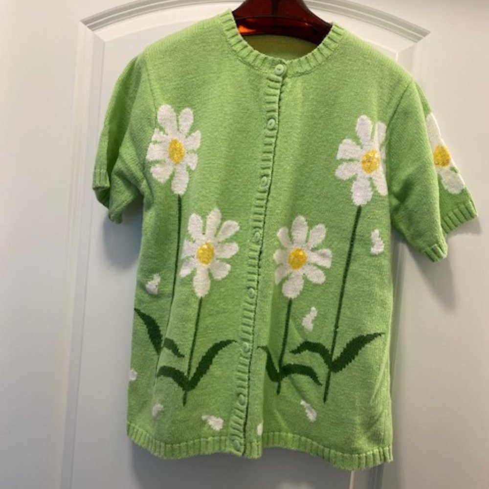 Quacker Factory S/S Lime Green Button Cardigan Wh… - image 1